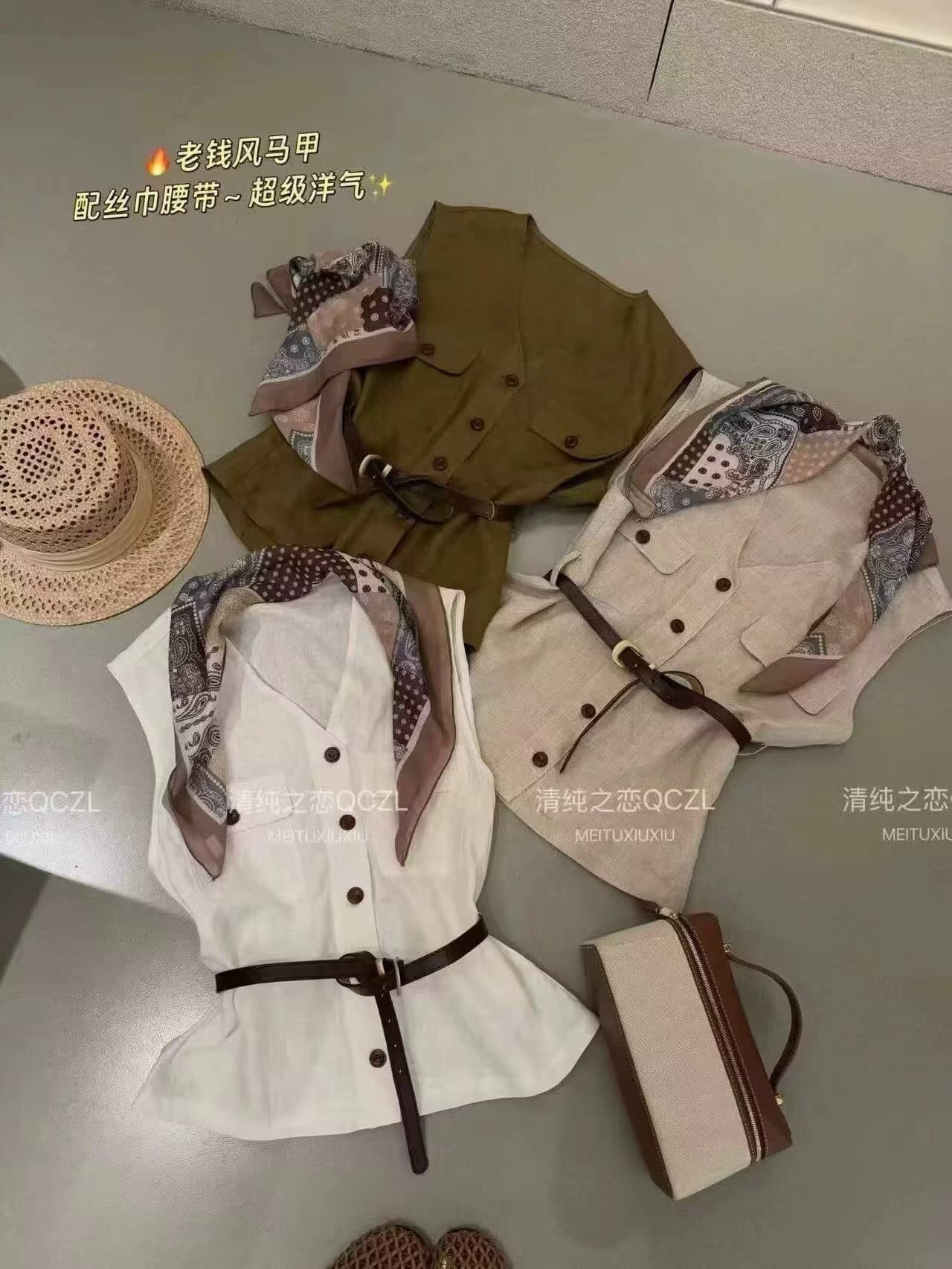 2026 여름 새로운 한국 스타일 오래된 돈 바람 아마 루즈핏 V넥 민소매 베스트 여성 코트 코디 스카프 벨트 상세 이미지 4