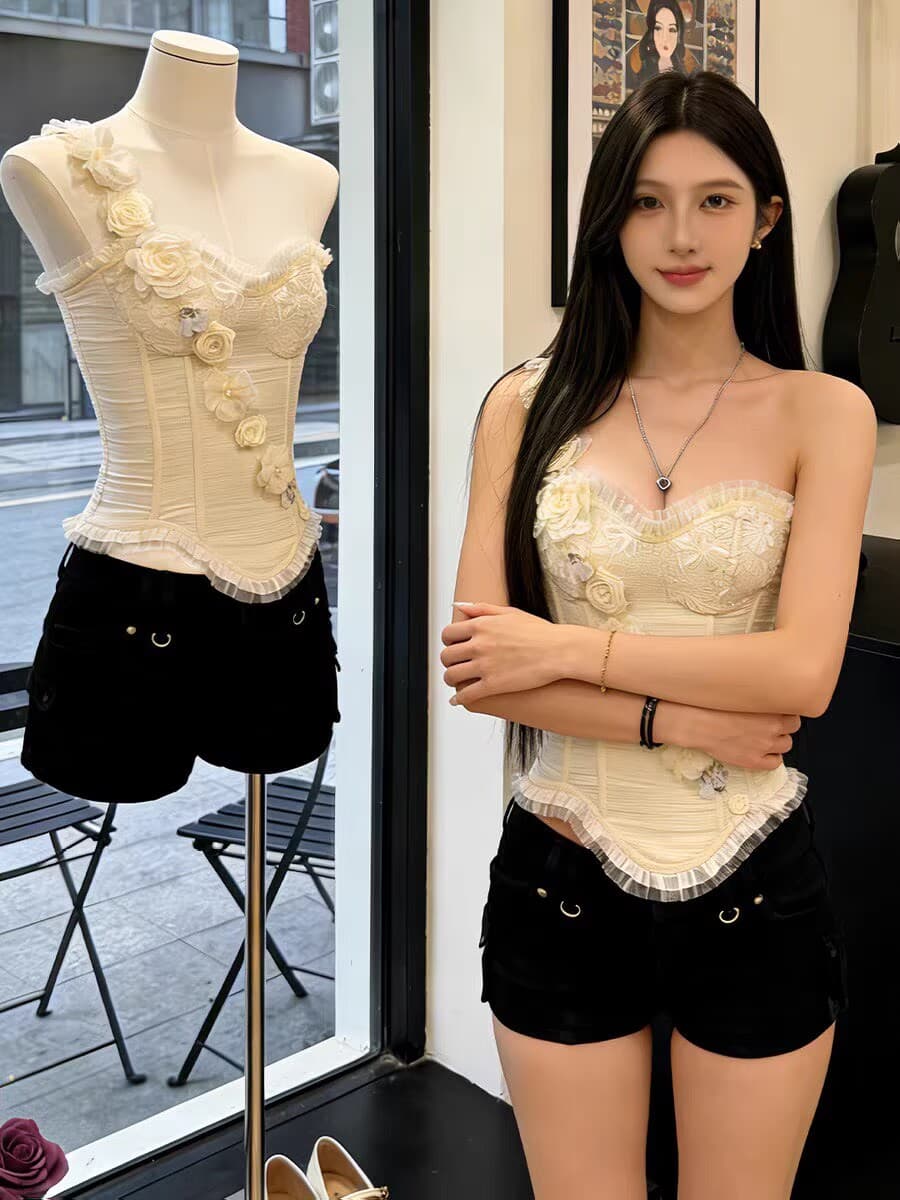 2026 섹시함 핫걸 숄더백 튜브탑 캐미솔 여름 몸매 가꾸기 슬림해 보이는 불규칙 3 차원 꽃 맨위 상세 이미지 1