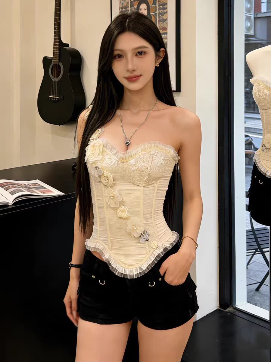 2026 섹시함 핫걸 숄더백 튜브탑 캐미솔 여름 몸매 가꾸기 슬림해 보이는 불규칙 3 차원 꽃 맨위 상세 이미지 5
