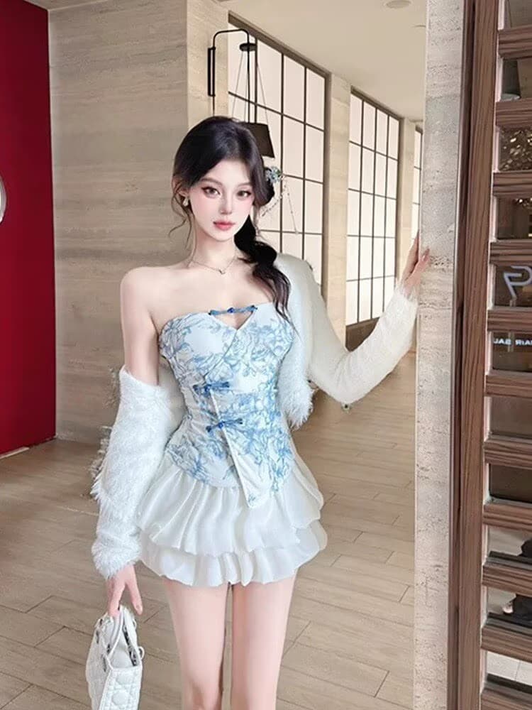 2026 새로운 중식 단추 홀로우 아웃 벨트 가슴 패드 민소매 맨위 수묵화 프린트 불규칙 쇼트 스타일 백리스 조끼 상세 이미지 3
