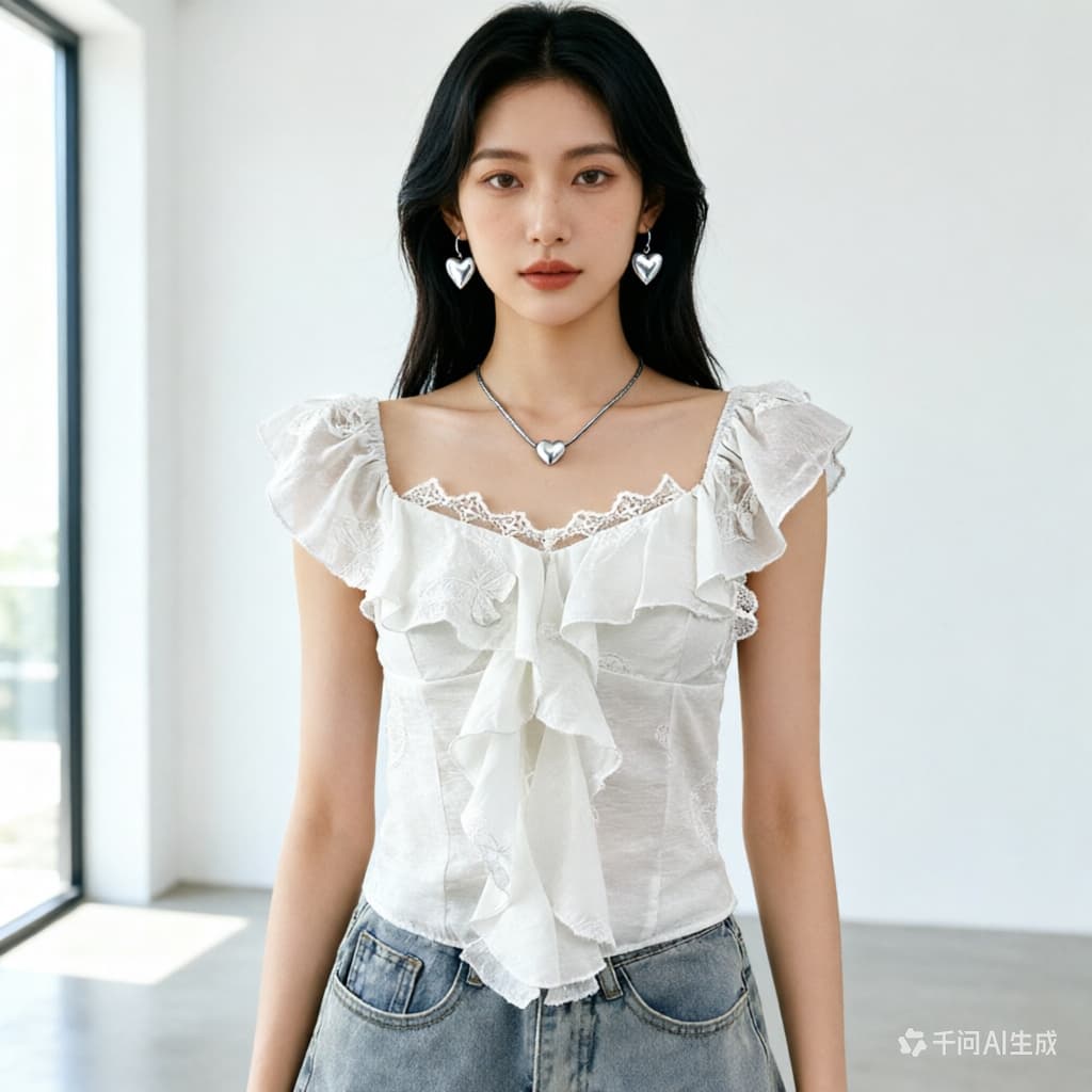 순수한 욕망 핫걸 레이스 조각 광장 칼라 작은 날다 소매 여성 셔츠 여름 2026 프릴 몸매 가꾸기 슬림해 보이는 쇼트 스타일 맨위 이미지 2