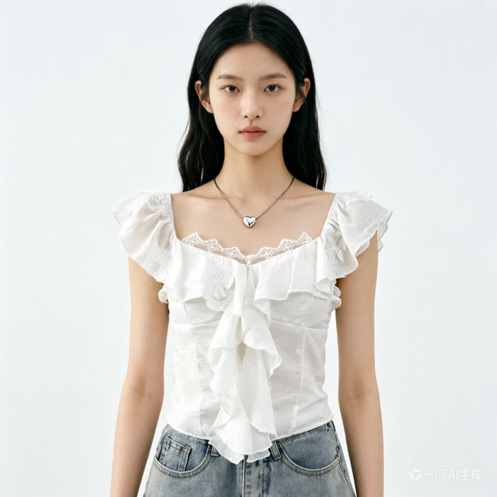 순수한 욕망 핫걸 레이스 조각 광장 칼라 작은 날다 소매 여성 셔츠 여름 2026 프릴 몸매 가꾸기 슬림해 보이는 쇼트 스타일 맨위 이미지 3