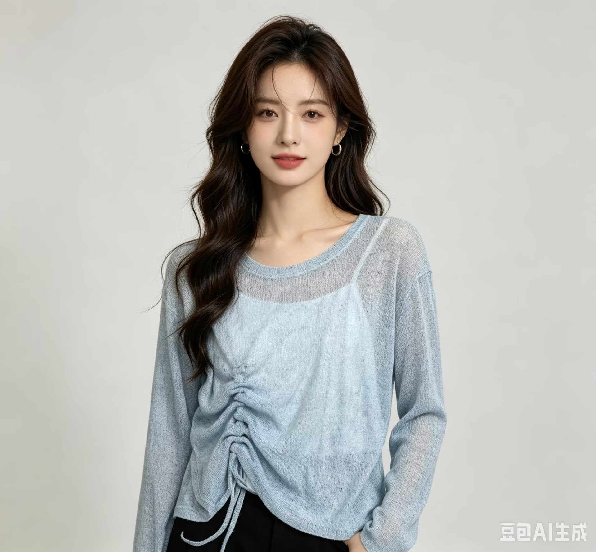 자외선 차단 디자인 센스 작은 대중 펌프 로프 니트 기본 셔츠 여성 여름 2026 쇼트 스타일 하이웨이스트 맨위 긴팔 투피스 세트 이미지 2
