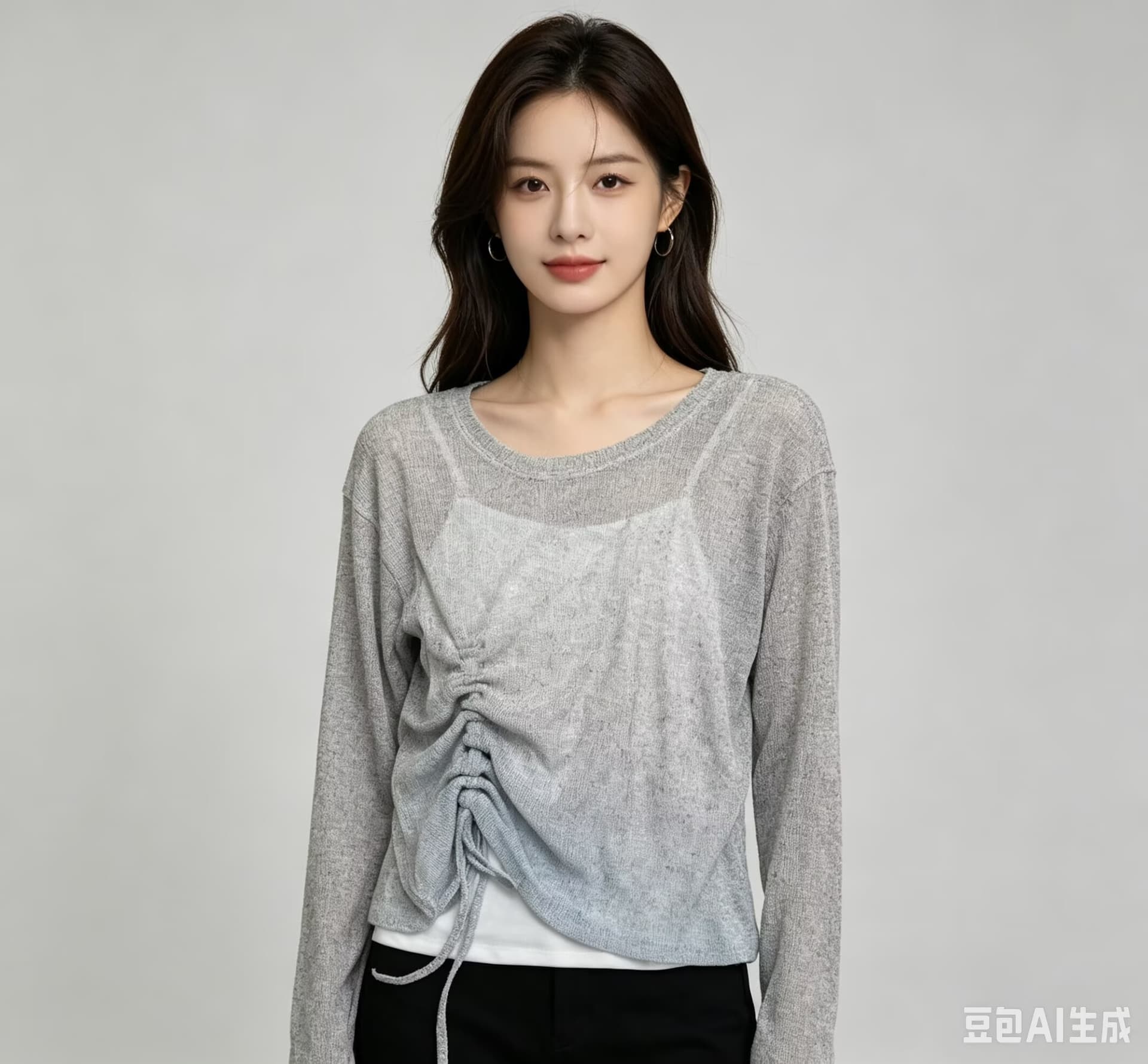 자외선 차단 디자인 센스 작은 대중 펌프 로프 니트 기본 셔츠 여성 여름 2026 쇼트 스타일 하이웨이스트 맨위 긴팔 투피스 세트 이미지 3