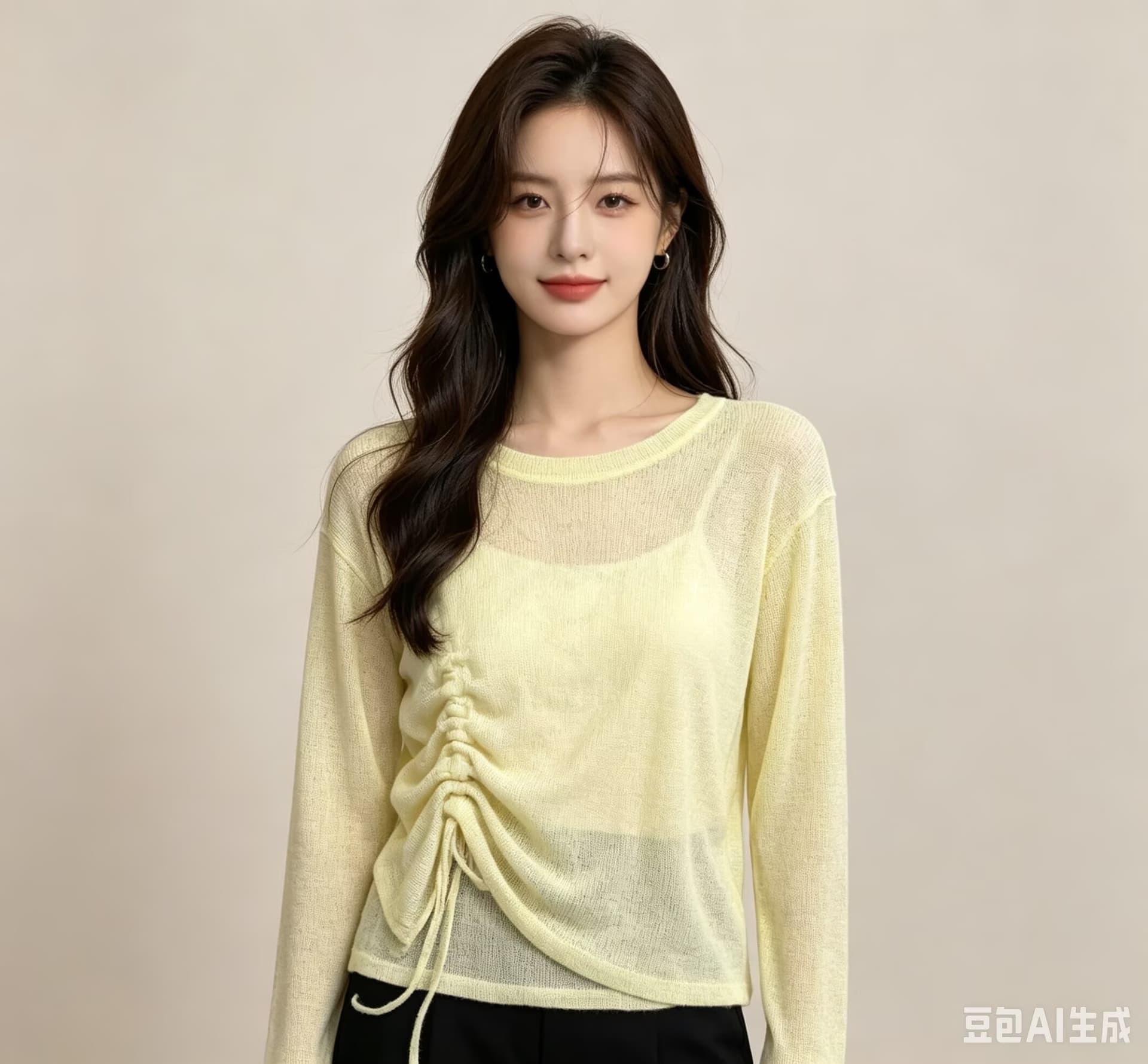 자외선 차단 디자인 센스 작은 대중 펌프 로프 니트 기본 셔츠 여성 여름 2026 쇼트 스타일 하이웨이스트 맨위 긴팔 투피스 세트 상세 이미지 4