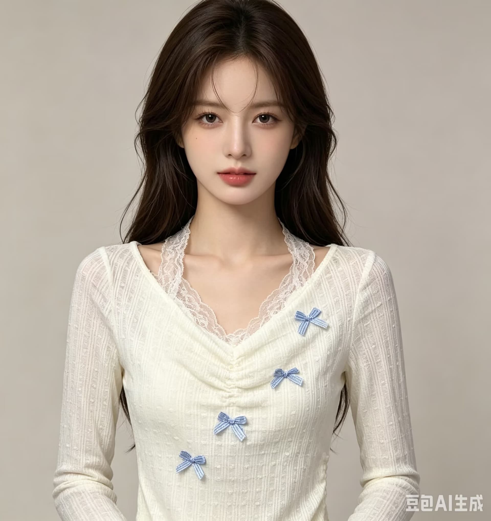 달콤한 매운맛 V넥 레이스 행침 목 페이크 레이어드 긴팔 티셔츠 여성 가을 나비 매듭 자외선 차단 블라우스 순수한 욕망 오프숄더 맨위 상세 이미지 1