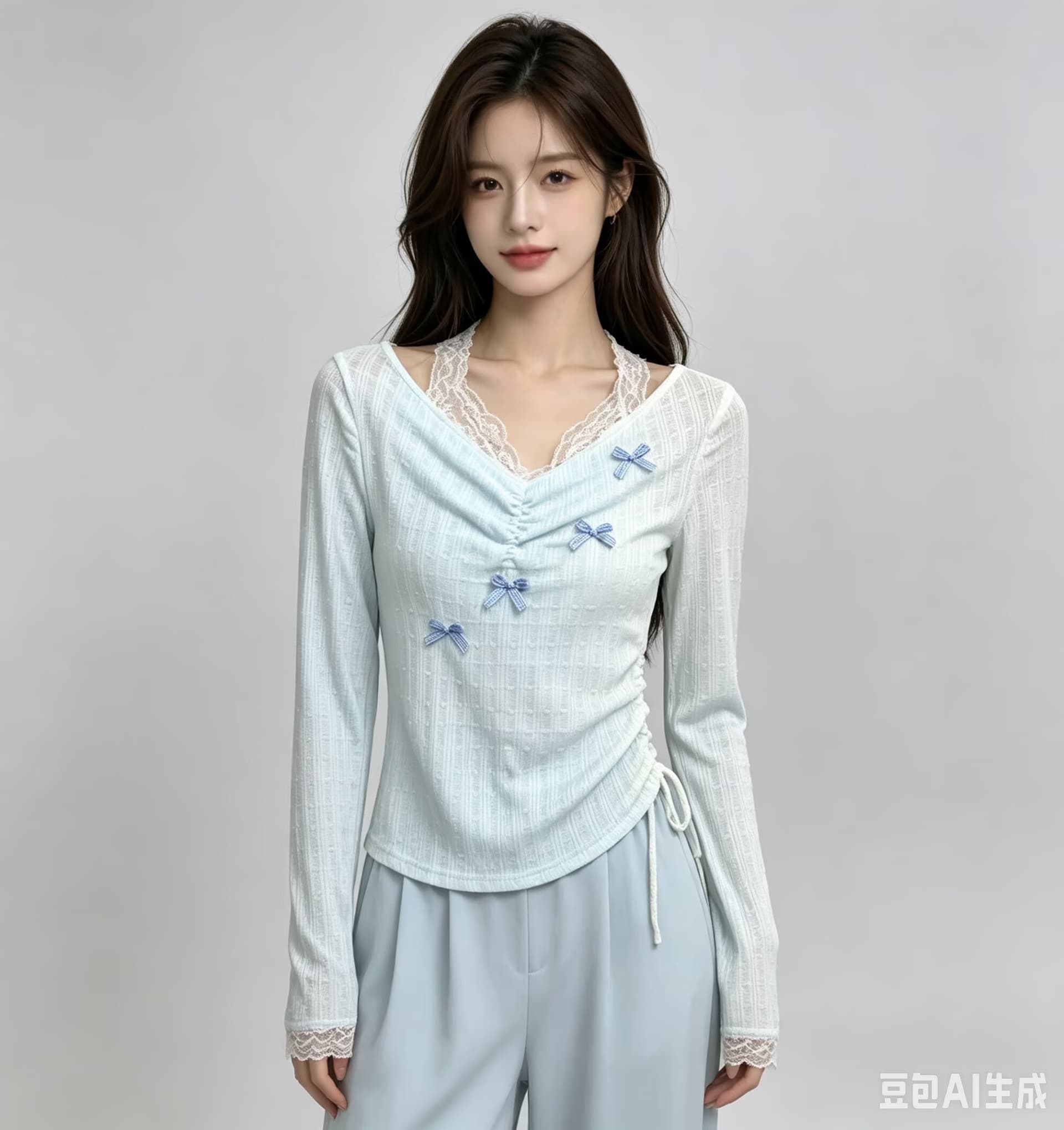 달콤한 매운맛 V넥 레이스 행침 목 페이크 레이어드 긴팔 티셔츠 여성 가을 나비 매듭 자외선 차단 블라우스 순수한 욕망 오프숄더 맨위 상세 이미지 2