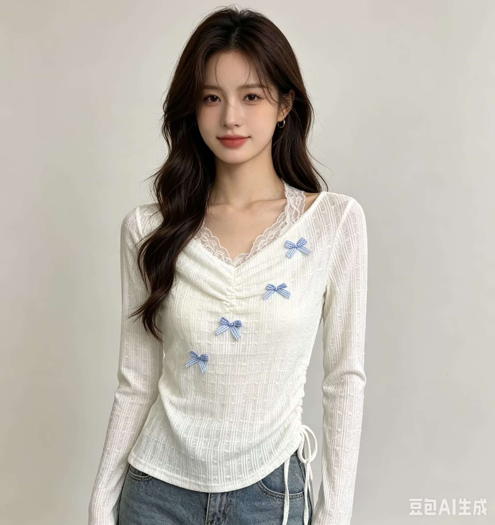달콤한 매운맛 V넥 레이스 행침 목 페이크 레이어드 긴팔 티셔츠 여성 가을 나비 매듭 자외선 차단 블라우스 순수한 욕망 오프숄더 맨위 상세 이미지 4