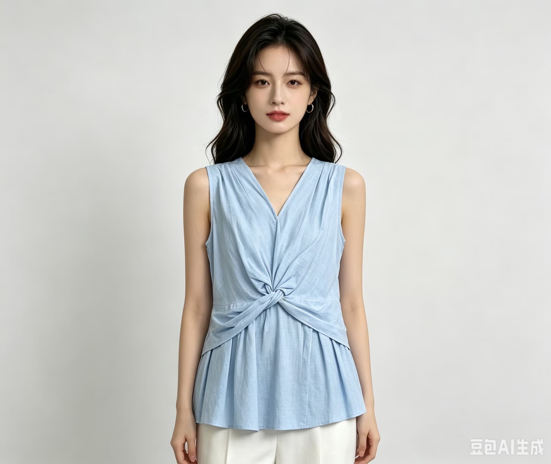 2026 빨간색 품격 비틀림 V넥 민소매 티셔츠 조끼 여성 여름 디자인 센스 작은 대중 허리 수축 인형 셔츠 맨위 상세 이미지 4