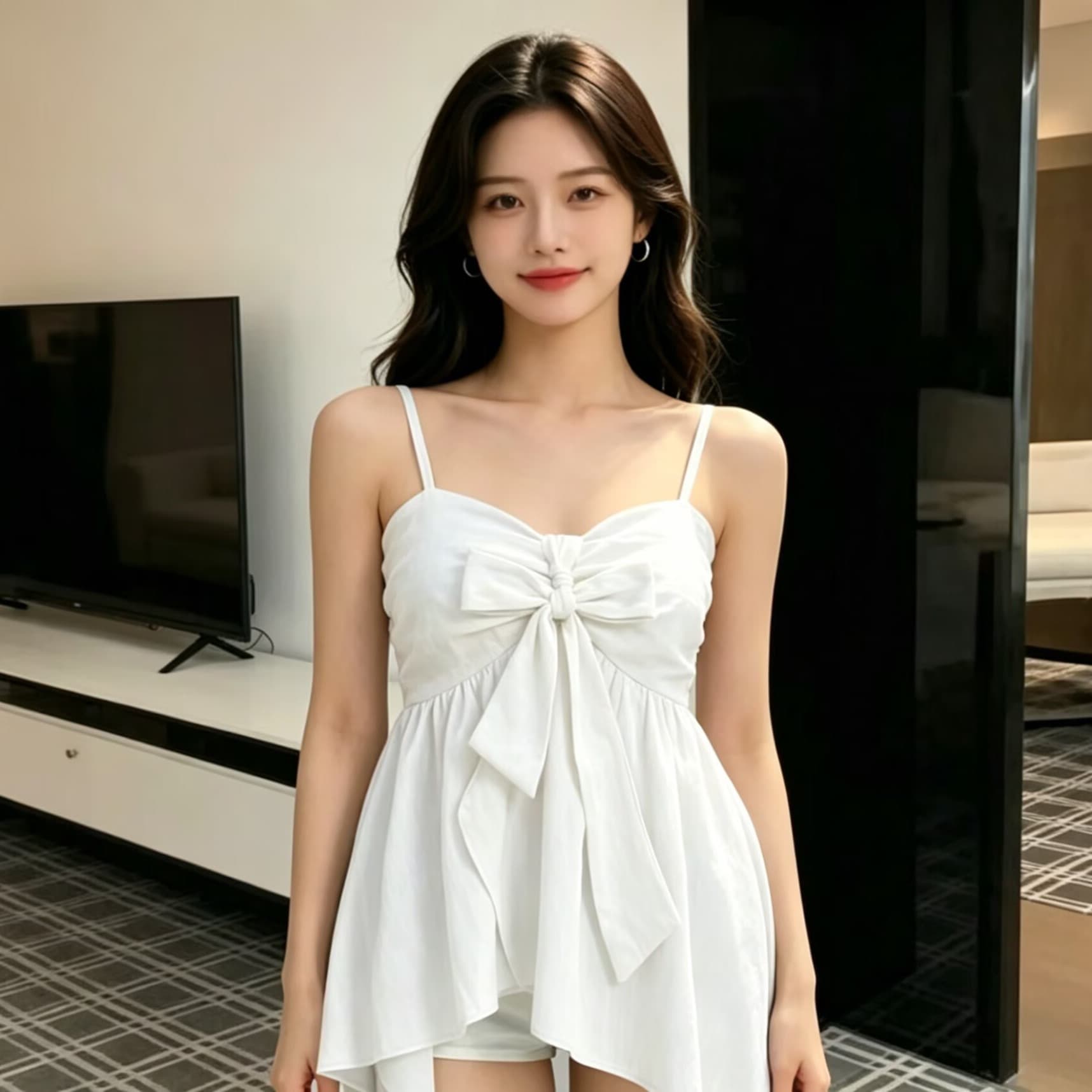 2026 한국 여름 비대칭 트임 프릴 스트랩 비틀림 V넥 몸매 가꾸기 슬림해 보이는 캐미솔 맨위 이미지 5