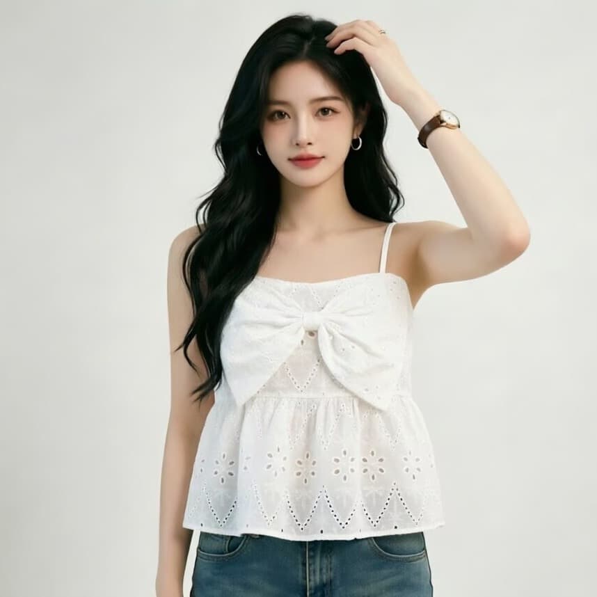 2026 프랑스식 홀로우 아웃 자수 나비 매듭 캐미솔 인사이드 가져 가라. 여름 외출용 순수한 욕망 핫걸 민소매 맨위