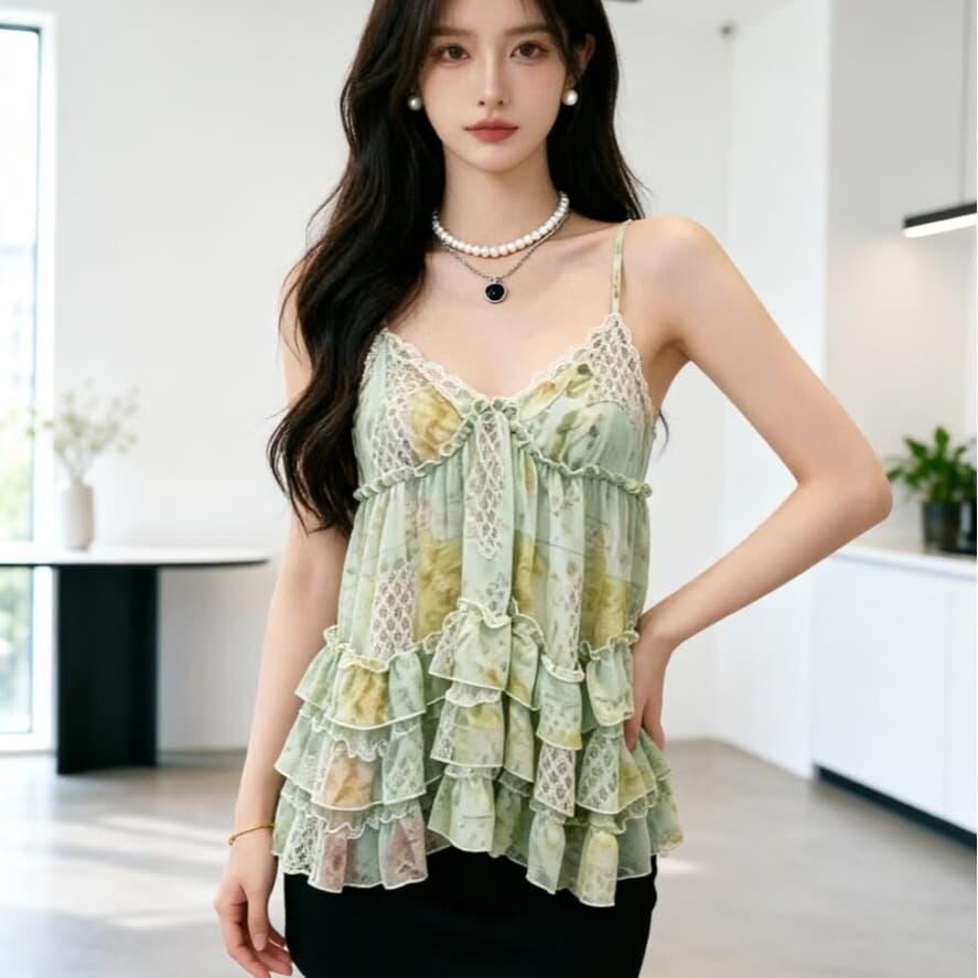 2026 여름 섹션 연령 감소 프릴 꽃무늬 케이크 캐미솔 V넥 슬림해 보이는 민소매 쉬폰 휴가 맨위