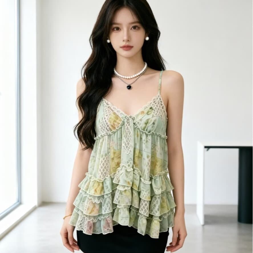 2026 여름 섹션 연령 감소 프릴 꽃무늬 케이크 캐미솔 V넥 슬림해 보이는 민소매 쉬폰 휴가 맨위 이미지 2