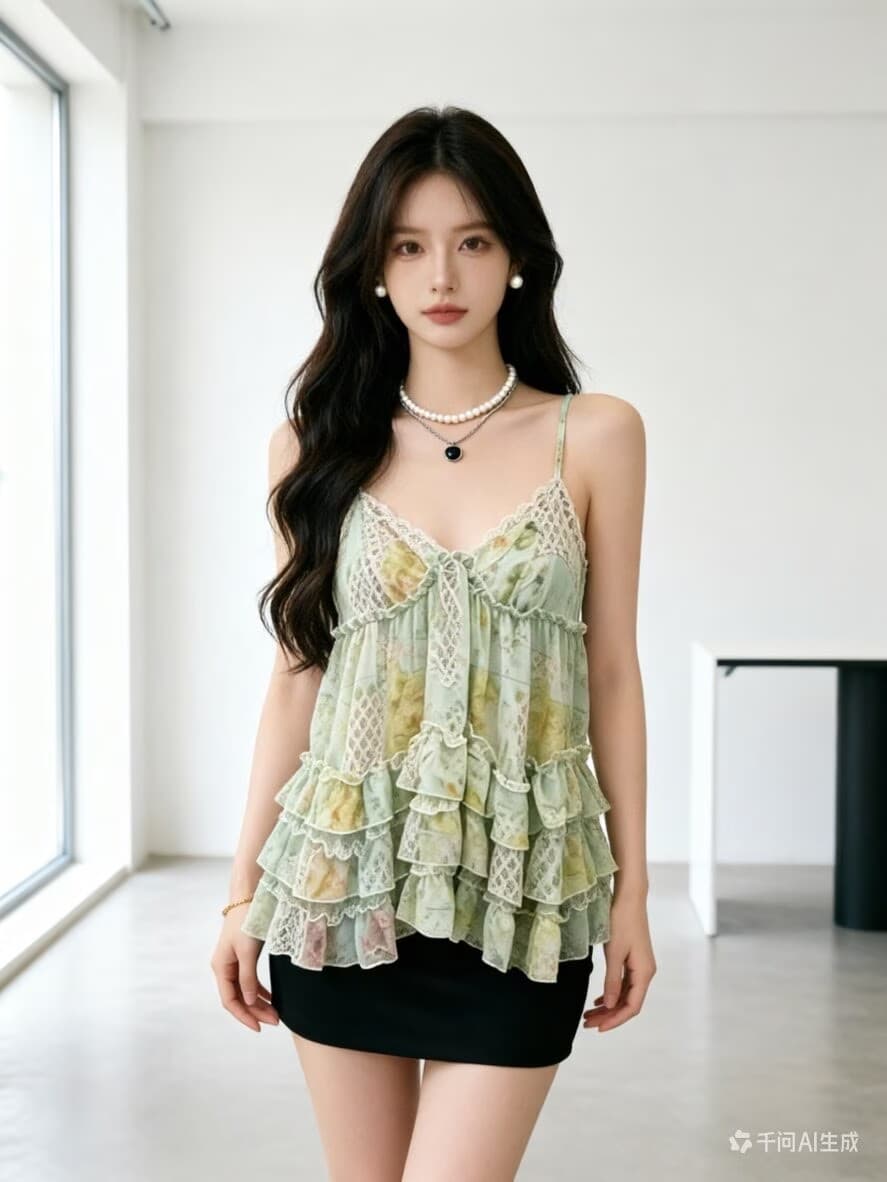 2026 여름 섹션 연령 감소 프릴 꽃무늬 케이크 캐미솔 V넥 슬림해 보이는 민소매 쉬폰 휴가 맨위 상세 이미지 1