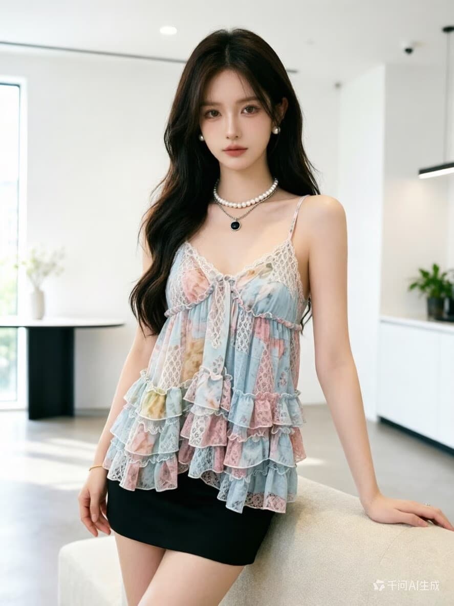 2026 여름 섹션 연령 감소 프릴 꽃무늬 케이크 캐미솔 V넥 슬림해 보이는 민소매 쉬폰 휴가 맨위 상세 이미지 2