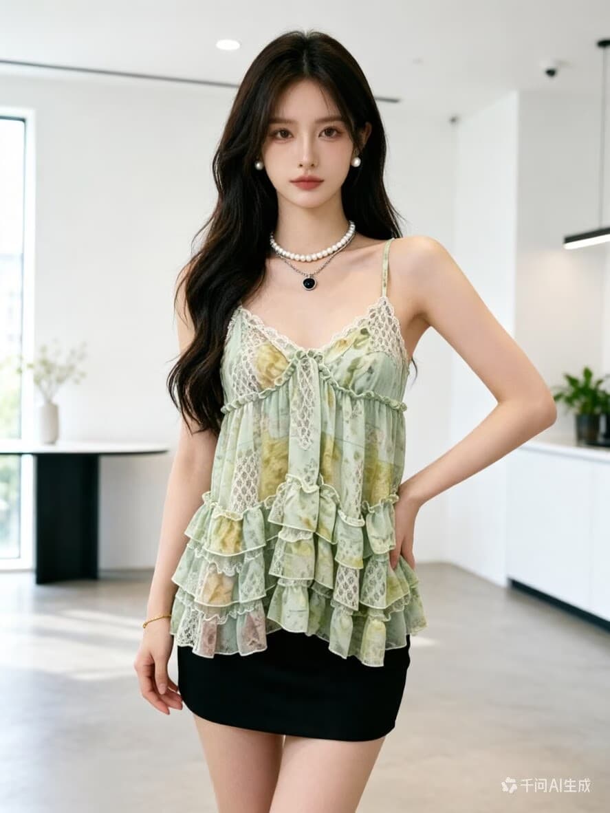 2026 여름 섹션 연령 감소 프릴 꽃무늬 케이크 캐미솔 V넥 슬림해 보이는 민소매 쉬폰 휴가 맨위 상세 이미지 3
