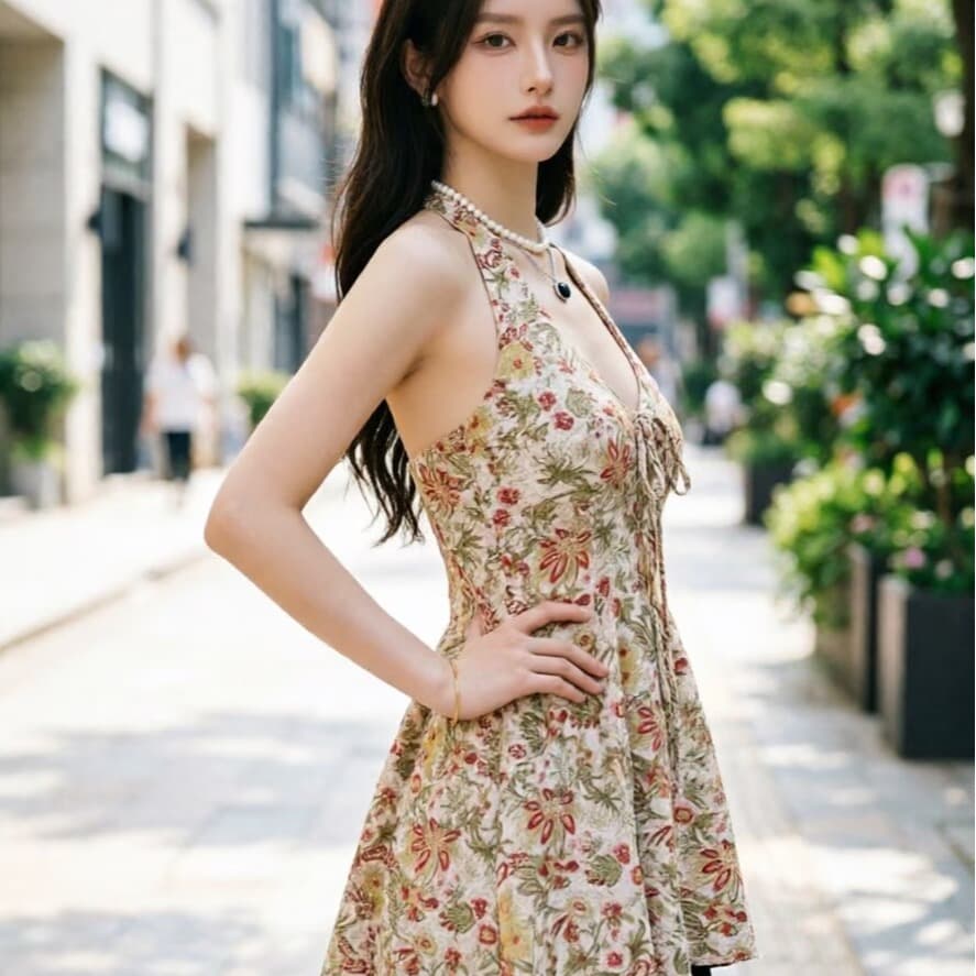 핫걸 섹시함 백리스 행침 목 레이스업 꽃무늬 조끼 여성 여름 2026 디자인 센스 플리츠 허리 수축 슬림해 보이는 맨위 이미지 3