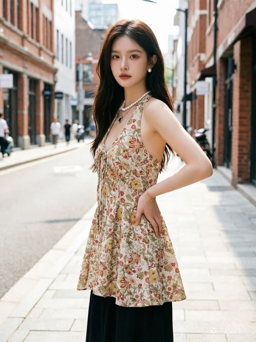 핫걸 섹시함 백리스 행침 목 레이스업 꽃무늬 조끼 여성 여름 2026 디자인 센스 플리츠 허리 수축 슬림해 보이는 맨위 상세 이미지 6