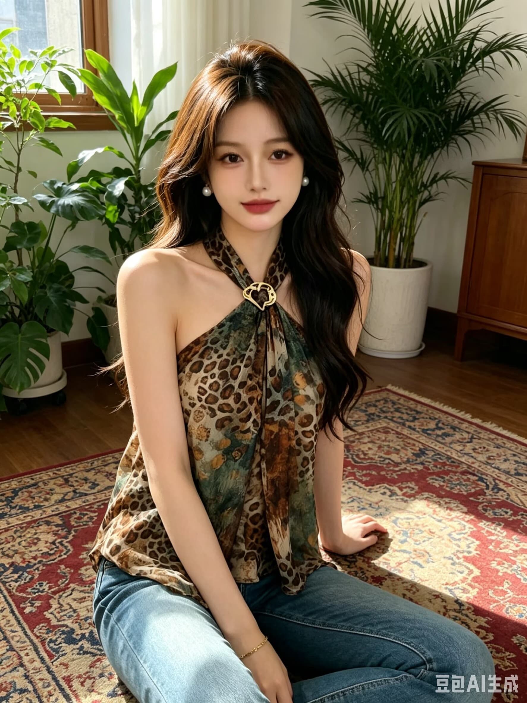 2026 천년기 레오파드 무늬 세 색 후광 염색 레이스업 행침 목 프린트 작은 셔츠 여성 높음 질감 쇼트 스타일 민소매 맨위 상세 이미지 1
