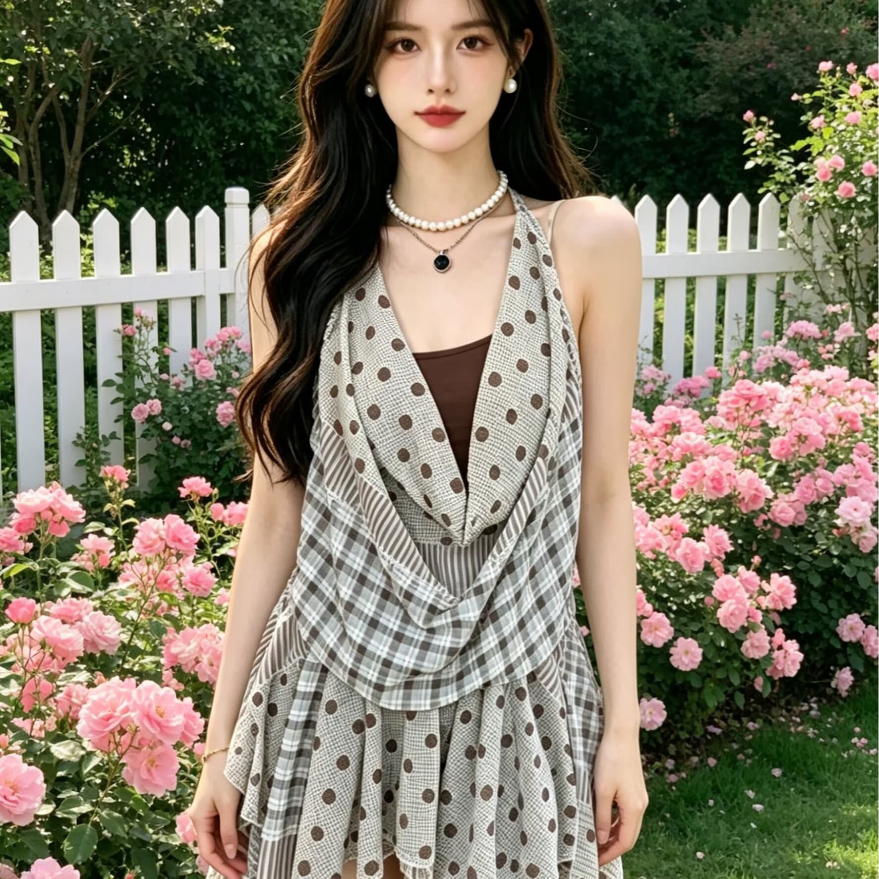 2026 여름 휴가 바람 행침 목 체크무늬 민소매 흔들다 칼라 드레스 디자인 센스 불규칙 도트 무늬 한 마디 미니 스커트