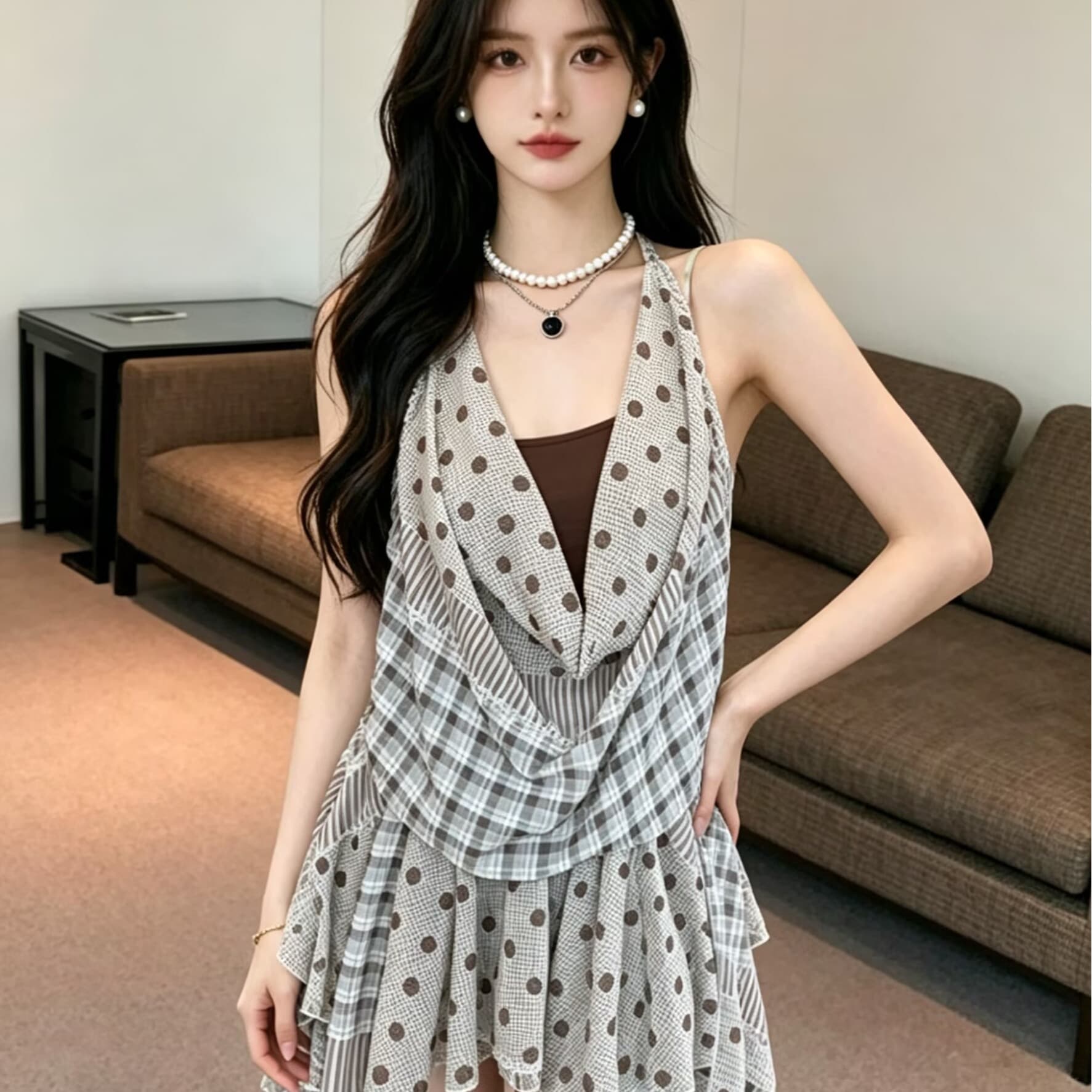 2026 여름 휴가 바람 행침 목 체크무늬 민소매 흔들다 칼라 드레스 디자인 센스 불규칙 도트 무늬 한 마디 미니 스커트 이미지 5