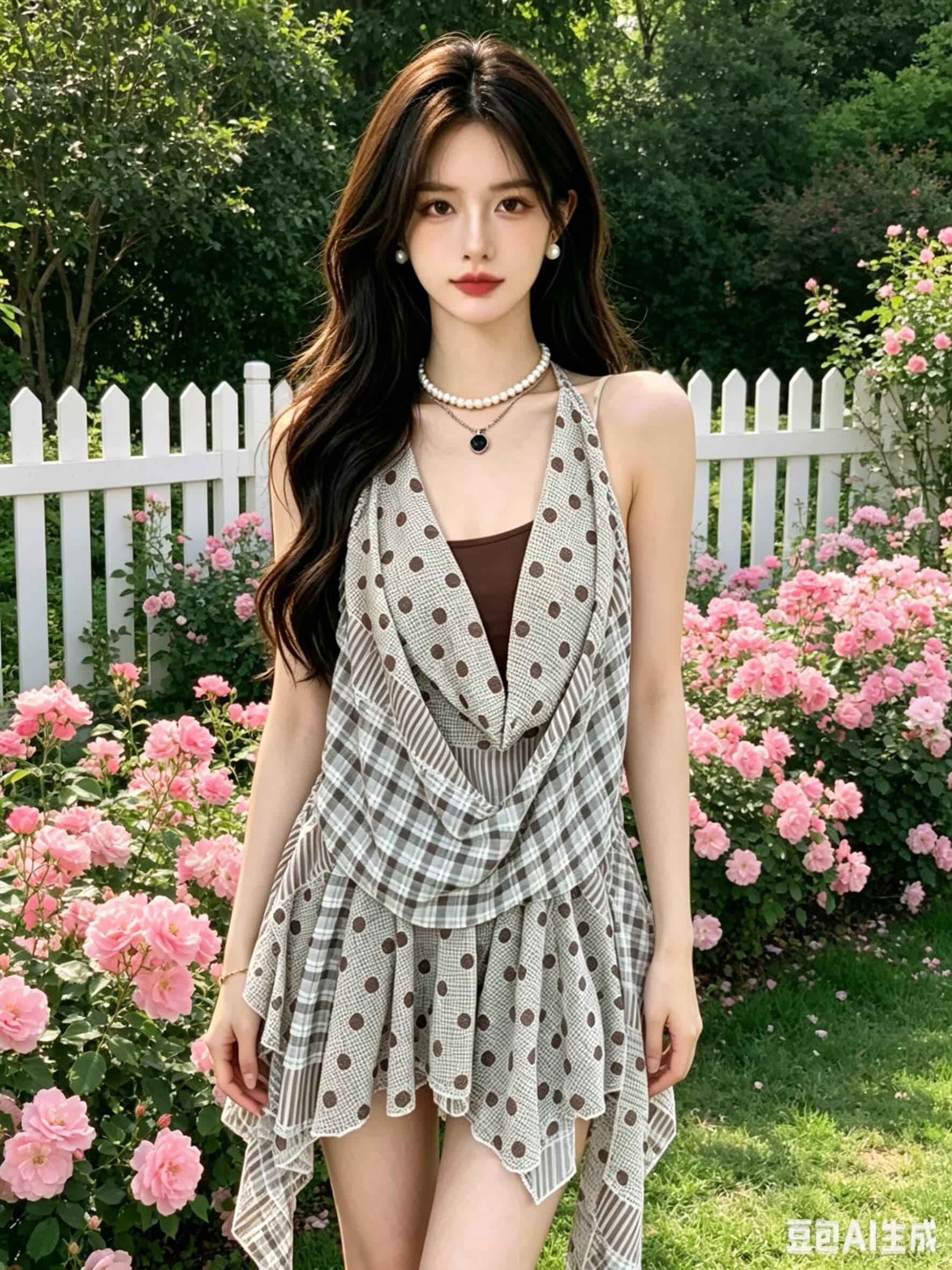 2026 여름 휴가 바람 행침 목 체크무늬 민소매 흔들다 칼라 드레스 디자인 센스 불규칙 도트 무늬 한 마디 미니 스커트 상세 이미지 3