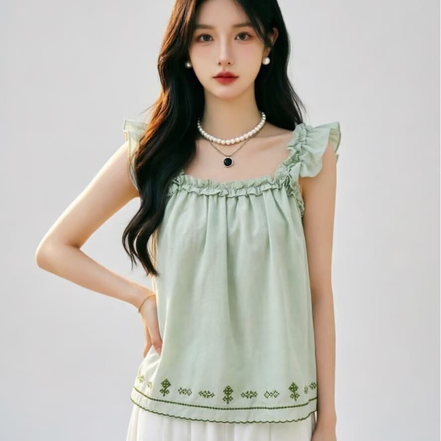 달콤함 프릴 패치워크 Feifei 소매 캐미솔 여름 2026 패션 루즈핏 연령 감소 학원 스타일 인형 셔츠 이미지 5