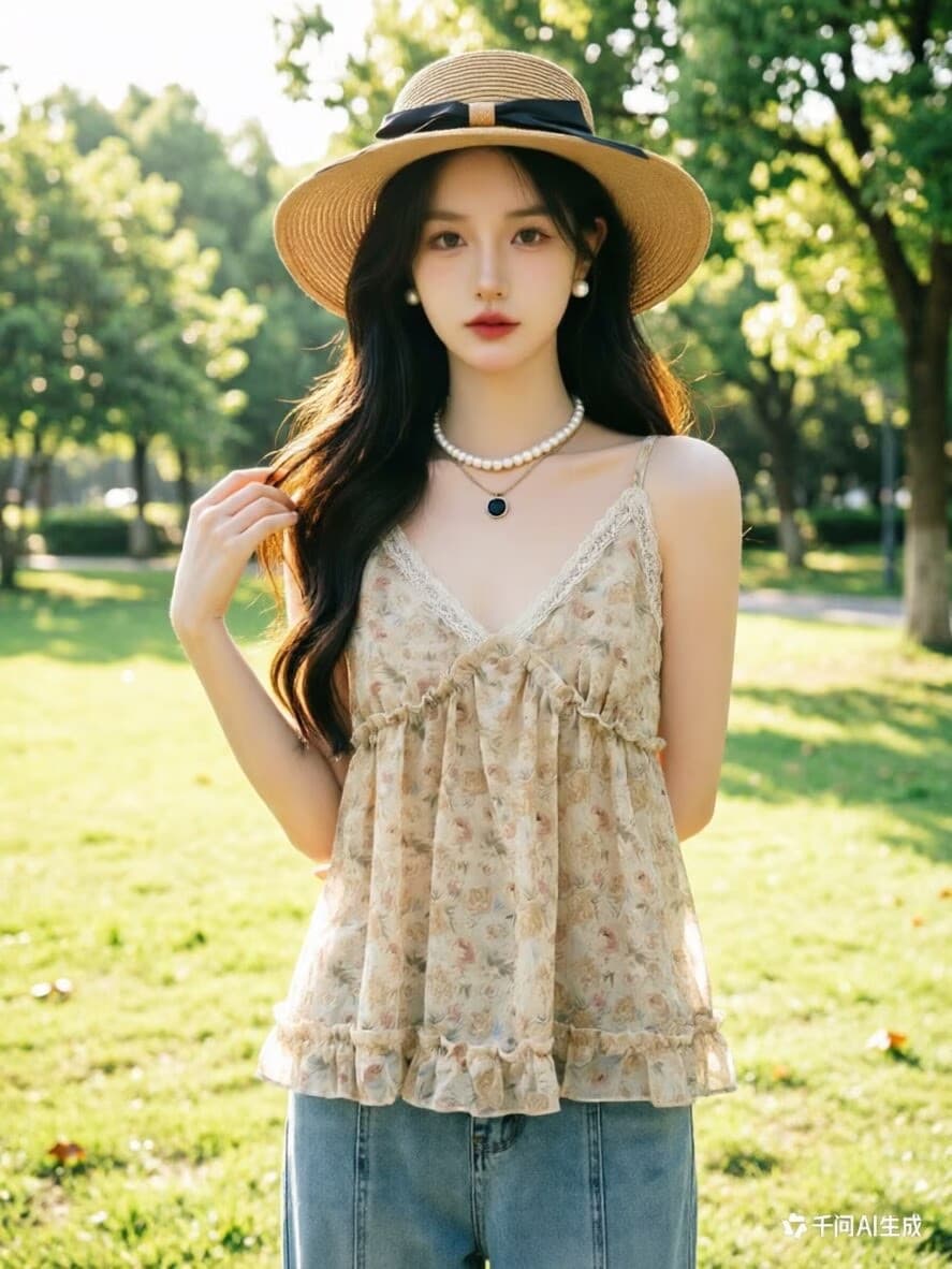 부드러운 바람 달콤함 레이스 조각 V넥 꽃무늬 캐미솔 여름 2026 프릴 루즈핏 연령 감소 맨위 상세 이미지 5
