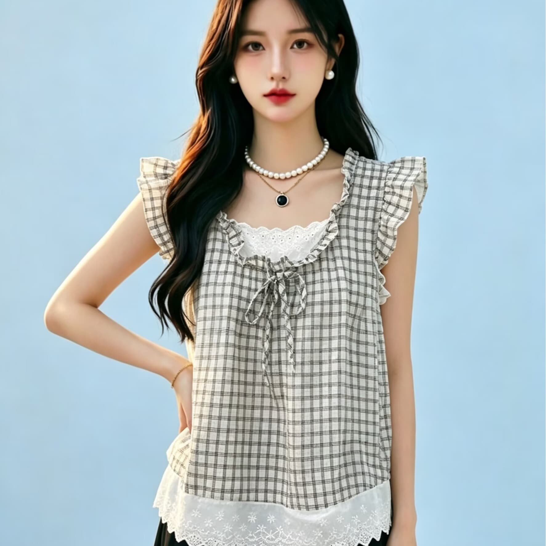 한 부서 페이크 레이어드 체크무늬 작은 날다 소매 여성 셔츠 2026 여름 목이버섯 레이스 연령 감소 인형 셔츠 조끼 맨위 이미지 5