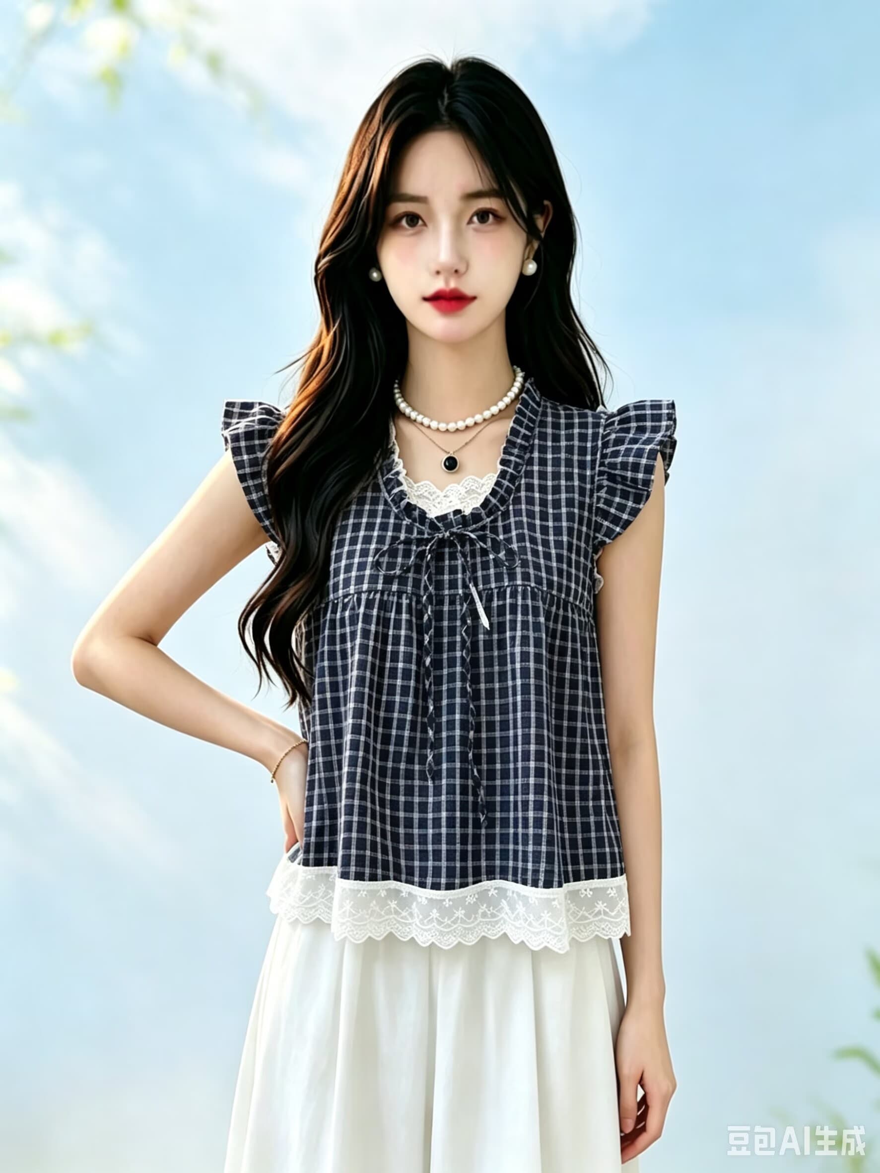 한 부서 페이크 레이어드 체크무늬 작은 날다 소매 여성 셔츠 2026 여름 목이버섯 레이스 연령 감소 인형 셔츠 조끼 맨위 상세 이미지 2