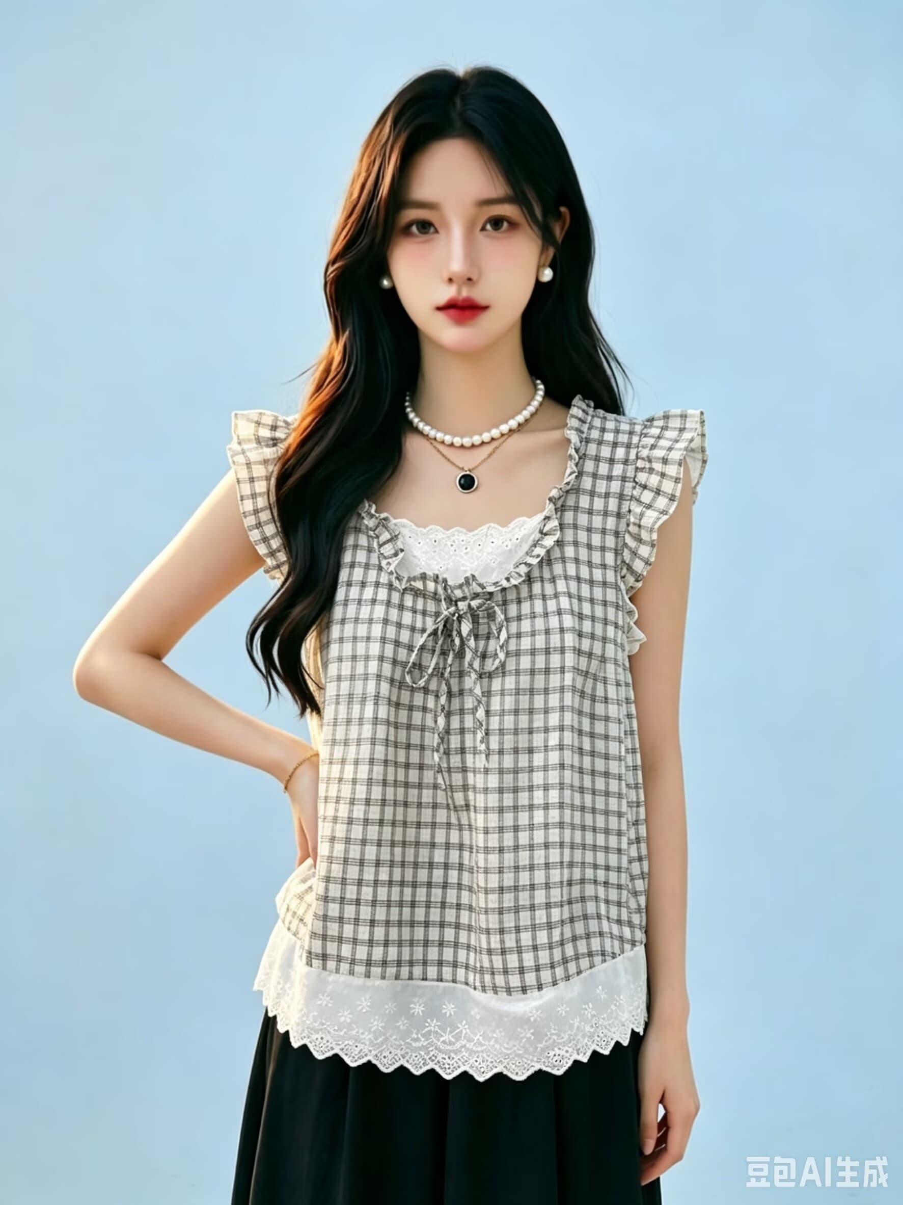 한 부서 페이크 레이어드 체크무늬 작은 날다 소매 여성 셔츠 2026 여름 목이버섯 레이스 연령 감소 인형 셔츠 조끼 맨위 상세 이미지 5