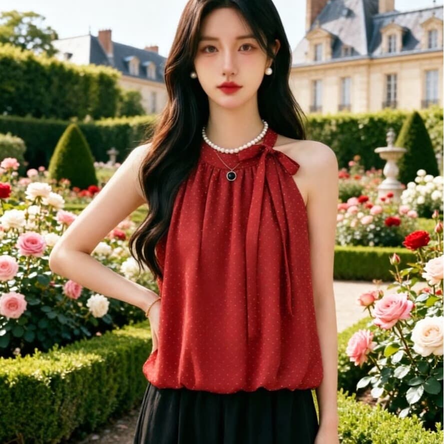 한 부서 디자인 센스 도트 무늬 행침 목 레이스업 오프숄더 여성 셔츠 여름 2026 패션 연령 감소 루즈핏 꽃밭 맨위 이미지 3