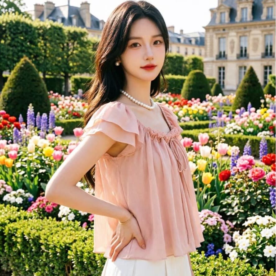 2026 핑크색 목이버섯 나비 넥타이 작은 날다 소매 여성 셔츠 여름 얇은 스타일 쉬폰 블라우스 품격 부드러운 맨위 이미지 2