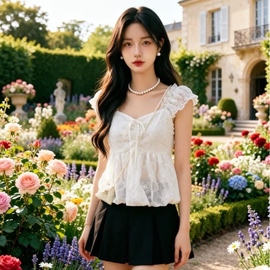 프랑스식 달콤함 요정 품격 광장 칼라 Feifei 소매 여성 셔츠 여름 2026 자수 홀로우 아웃 자수 치마 맨위