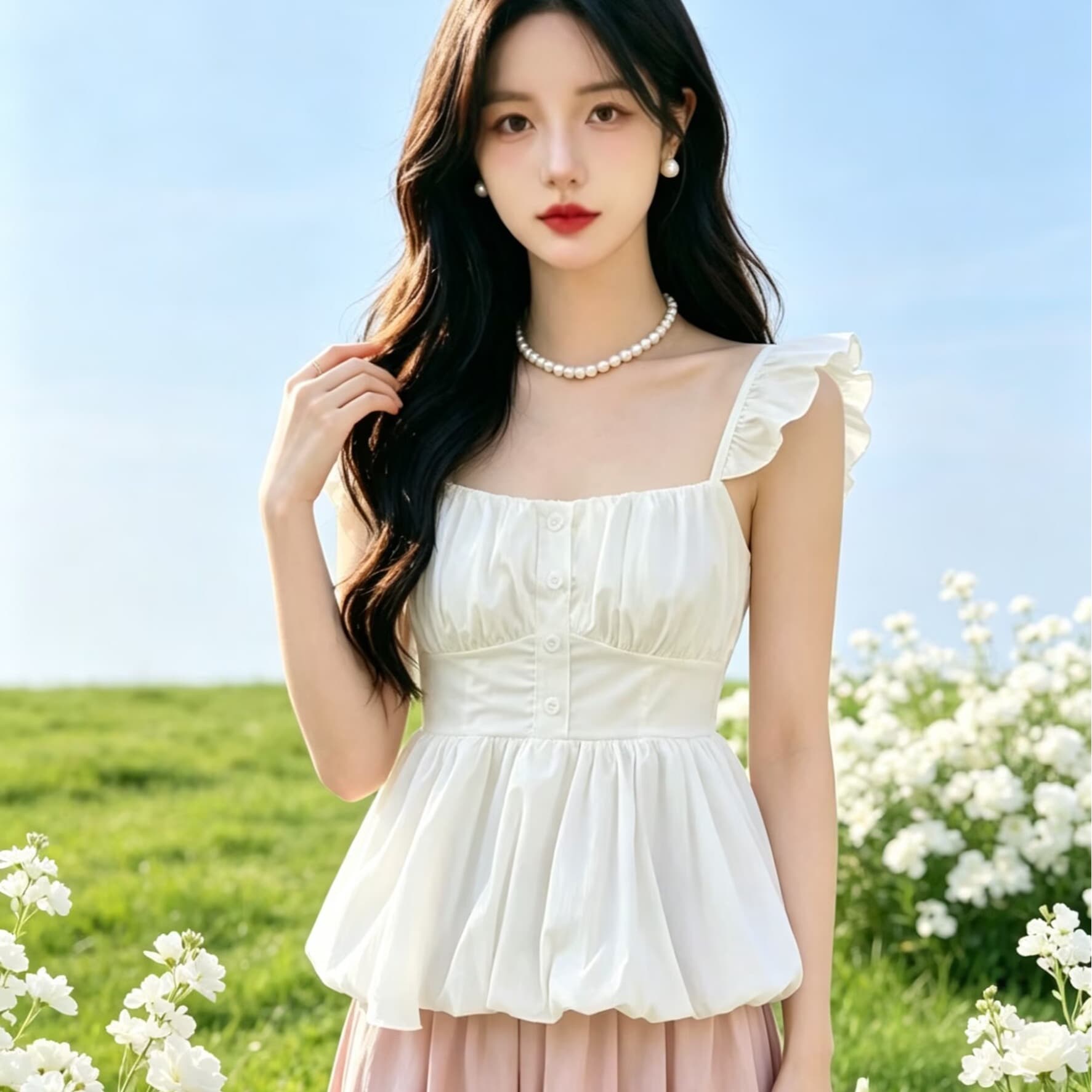 달콤함 소녀 바람 작은 날다 소매 꽃밭 캐미솔 여름 2026 프릴 주름 허리 수축 연령 감소 맨위 이미지 5