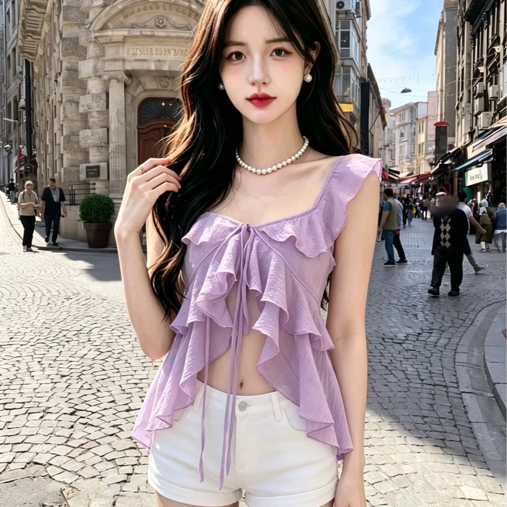 2026 부드러운 바람 프릴 민소매 셔츠 여성 여름 새로운 광장 칼라 레이스업 작은 셔츠 불규칙 맨위 이미지 5