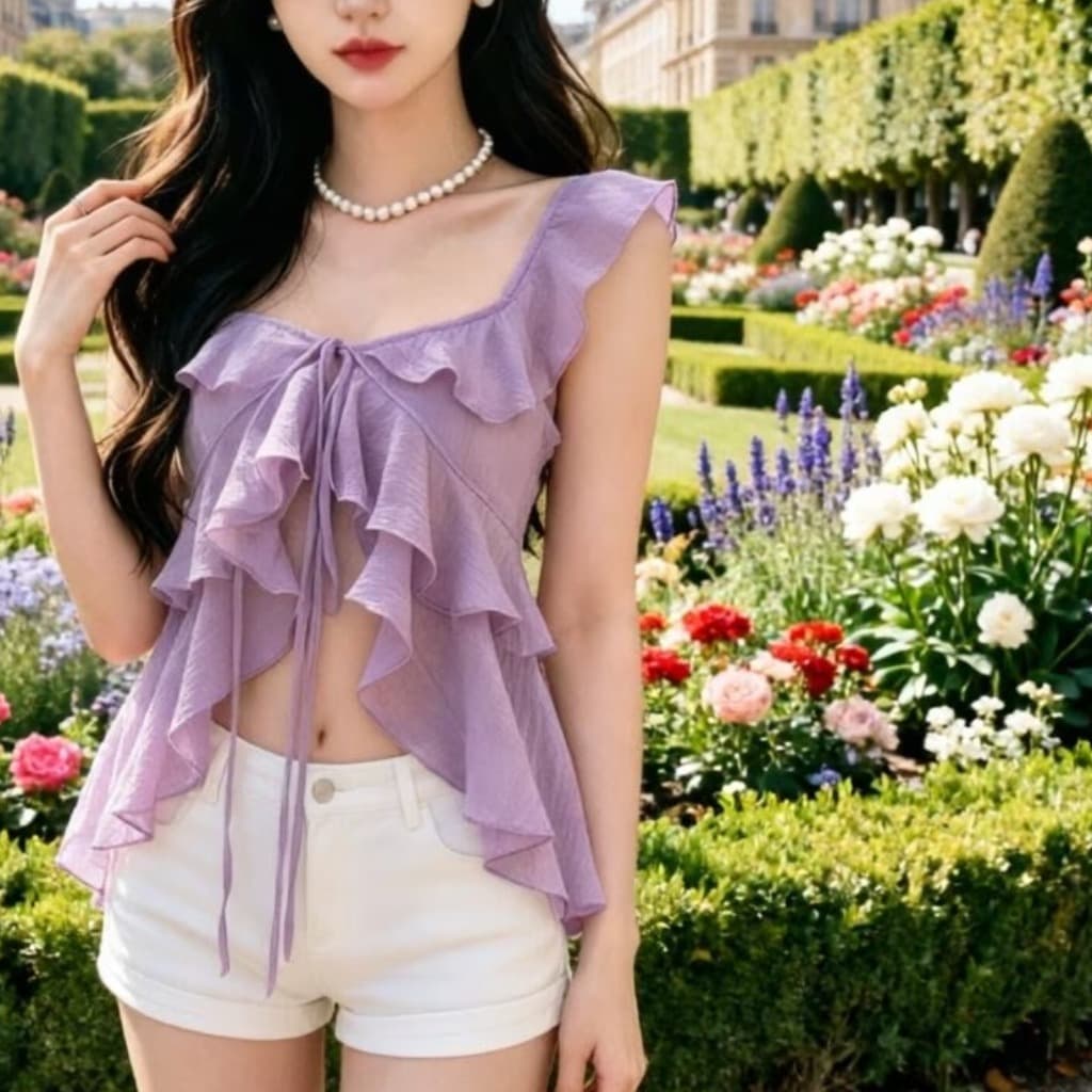 2026 부드러운 바람 프릴 민소매 셔츠 여성 여름 새로운 광장 칼라 레이스업 작은 셔츠 불규칙 맨위 이미지 3
