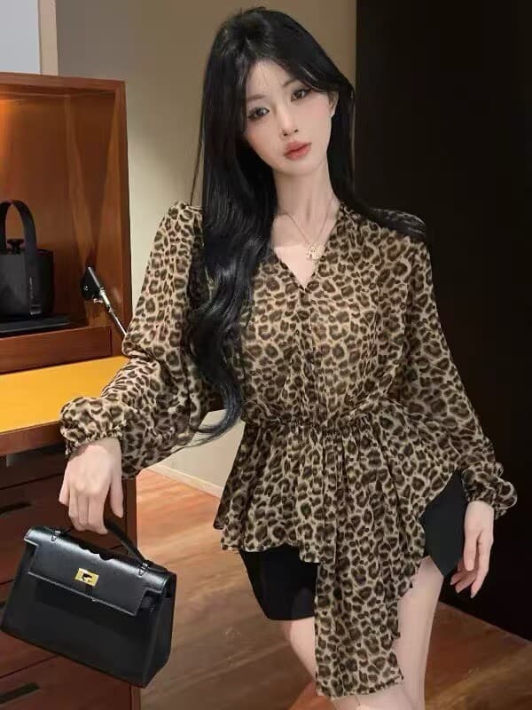 프랑스식 레오파드 무늬 V넥 긴팔 여성 셔츠 가을 새로운 고급 센스 핫걸 루즈핏 슬림해 보이는 작은 셔츠 패션 맨위 이미지 3