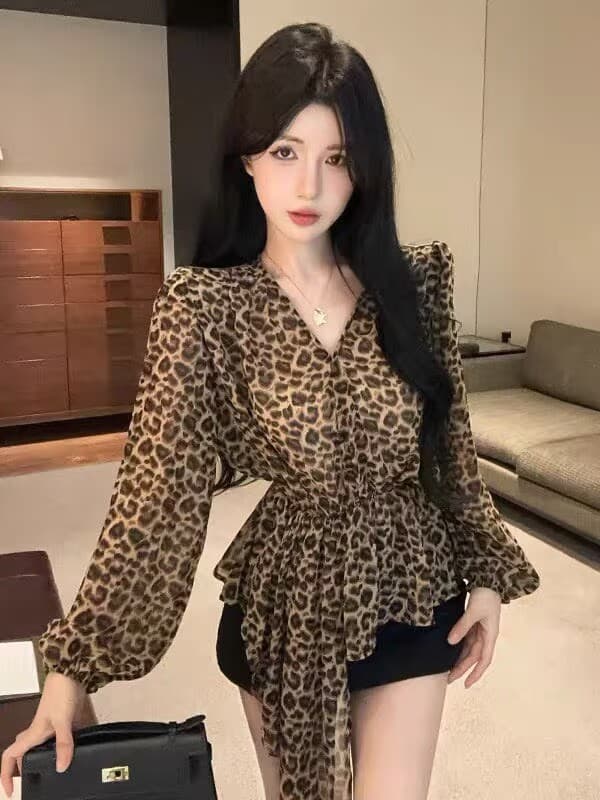 프랑스식 레오파드 무늬 V넥 긴팔 여성 셔츠 가을 새로운 고급 센스 핫걸 루즈핏 슬림해 보이는 작은 셔츠 패션 맨위 상세 이미지 4