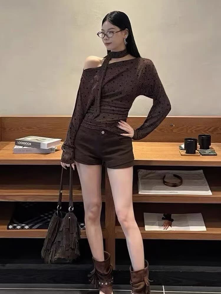 2026 가을 새로운 한 부서 비스듬한 칼라 오프숄더 도트 무늬 품격 달콤함 긴팔 작은 셔츠 슬림해 보이는 몸매 가꾸기 리본 맨위 이미지 4