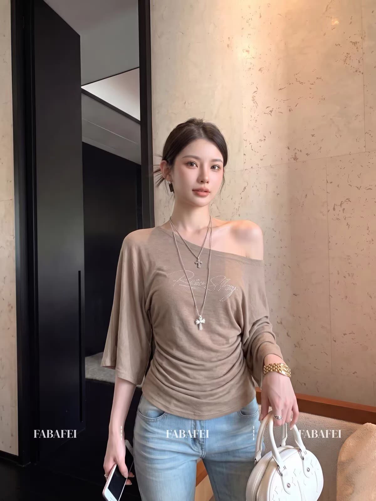 2026 순수한 욕망 바람 비스듬한 어깨 핫픽스 알파벳 여성 가을 허리 수축 슬림해 보이는 긴팔 만나는 오프숄더 맨위 이른 가을 인사이드 가져 가라. 상세 이미지 6