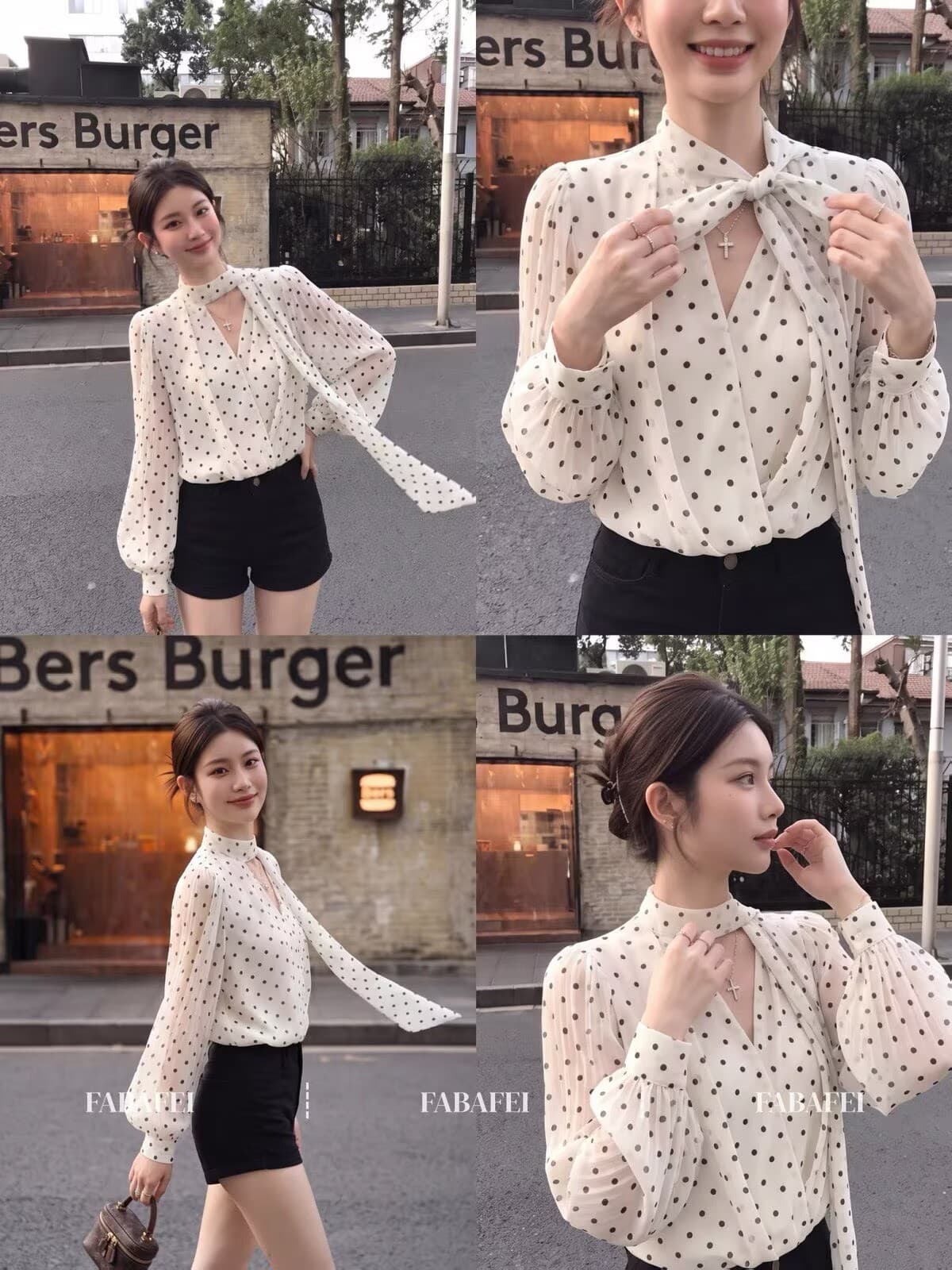 2026 바람 프랑스식 도트 무늬 긴팔 여성 셔츠 가을 허리 수축 슬림해 보이는 쉬폰 블라우스 핫걸 행침 목 리본 맨위 이미지 3