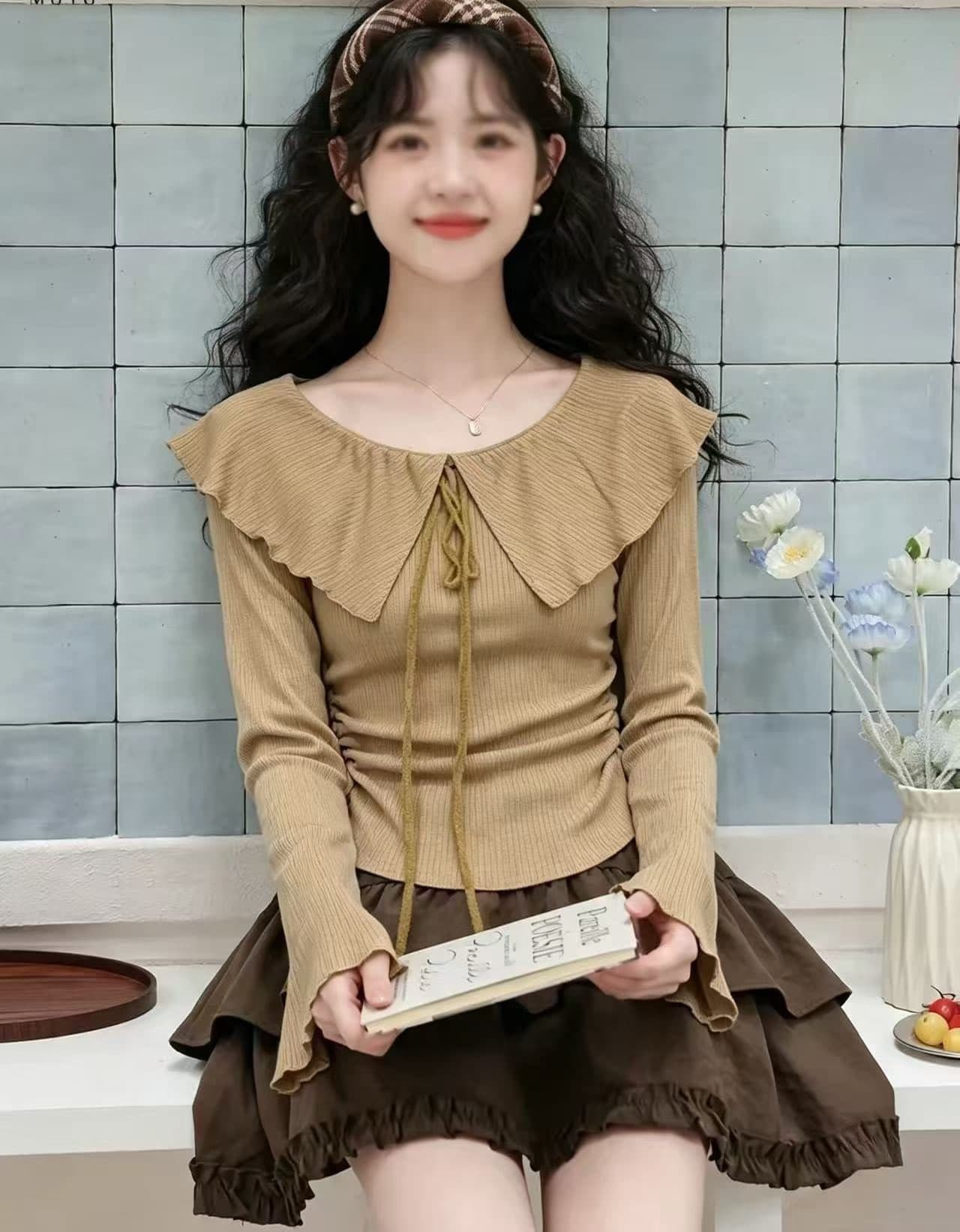 2026 가을 숙녀 바람 프릴 나비 매듭 니트 스웨터 여성 회색 슬림해 보이는 빅 사이즈 맨위 디자인 센스 긴팔 이미지 4