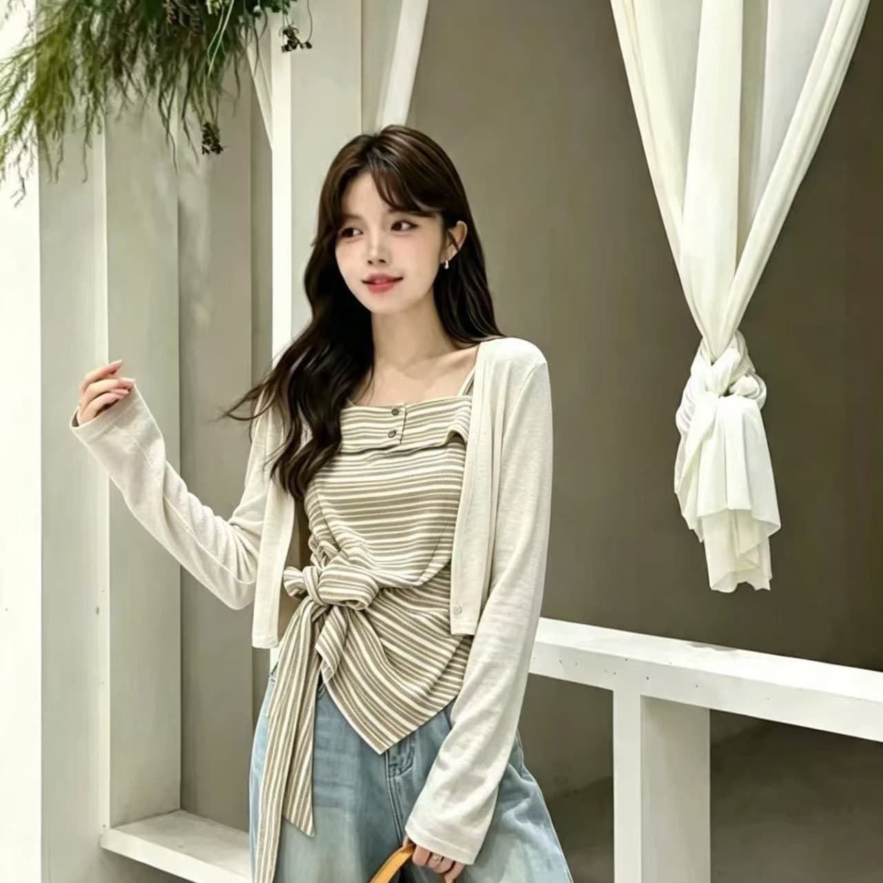 2026 이른 가을 새로운 한 부서 다용도 긴팔 오픈 가디건 인사이드 가져 가라. 스트라이프 캐미솔 패션 외국 가스 투피스 세트 이미지 5