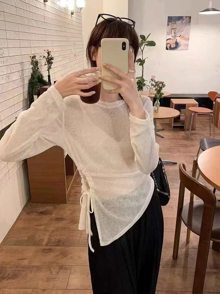 불규칙 이슬 허리 펌프 Pleat 슬림해 보이는 니트 스웨터 가을 새로운 품격 얇은 스타일 마이크로 ~을 통해 자외선 차단 블라우스 투피스 세트 상세 이미지 2