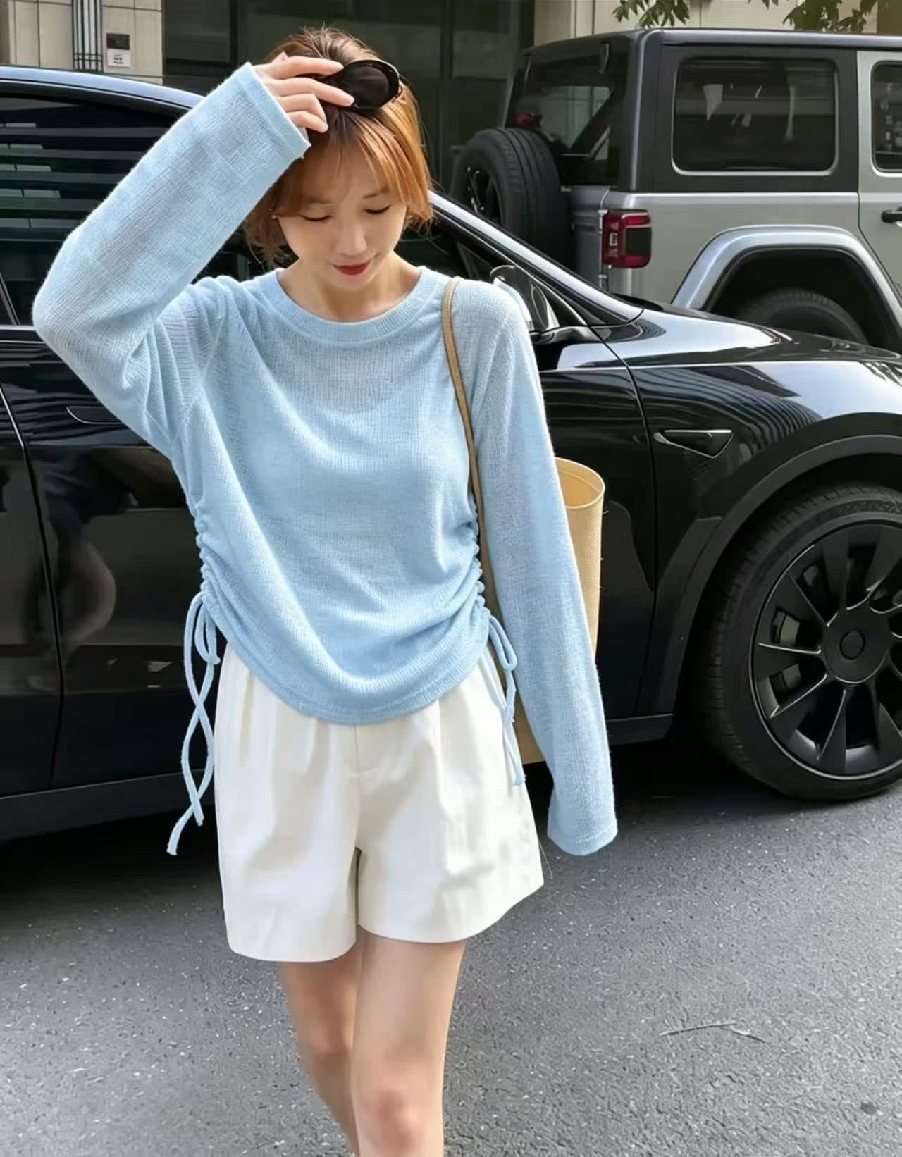 2026 자외선 차단 블라우스 여성 여름 Tulle 파란색 고급 센스 긴팔 에어컨 맨위 망사 얇은 스타일 투피스 세트 이미지 3