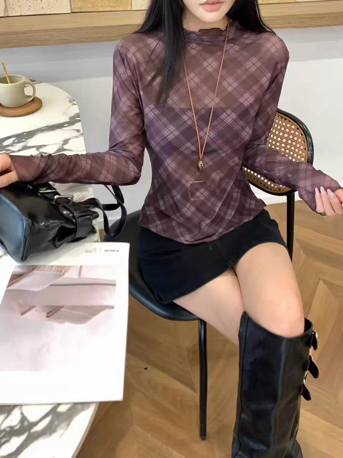 2026 한 부서 레트로 체크무늬 망사 시스루 긴팔 티셔츠 여성 몸매 가꾸기 인사이드 가져 가라. 기본 셔츠 다용도 맨위 상세 이미지 4