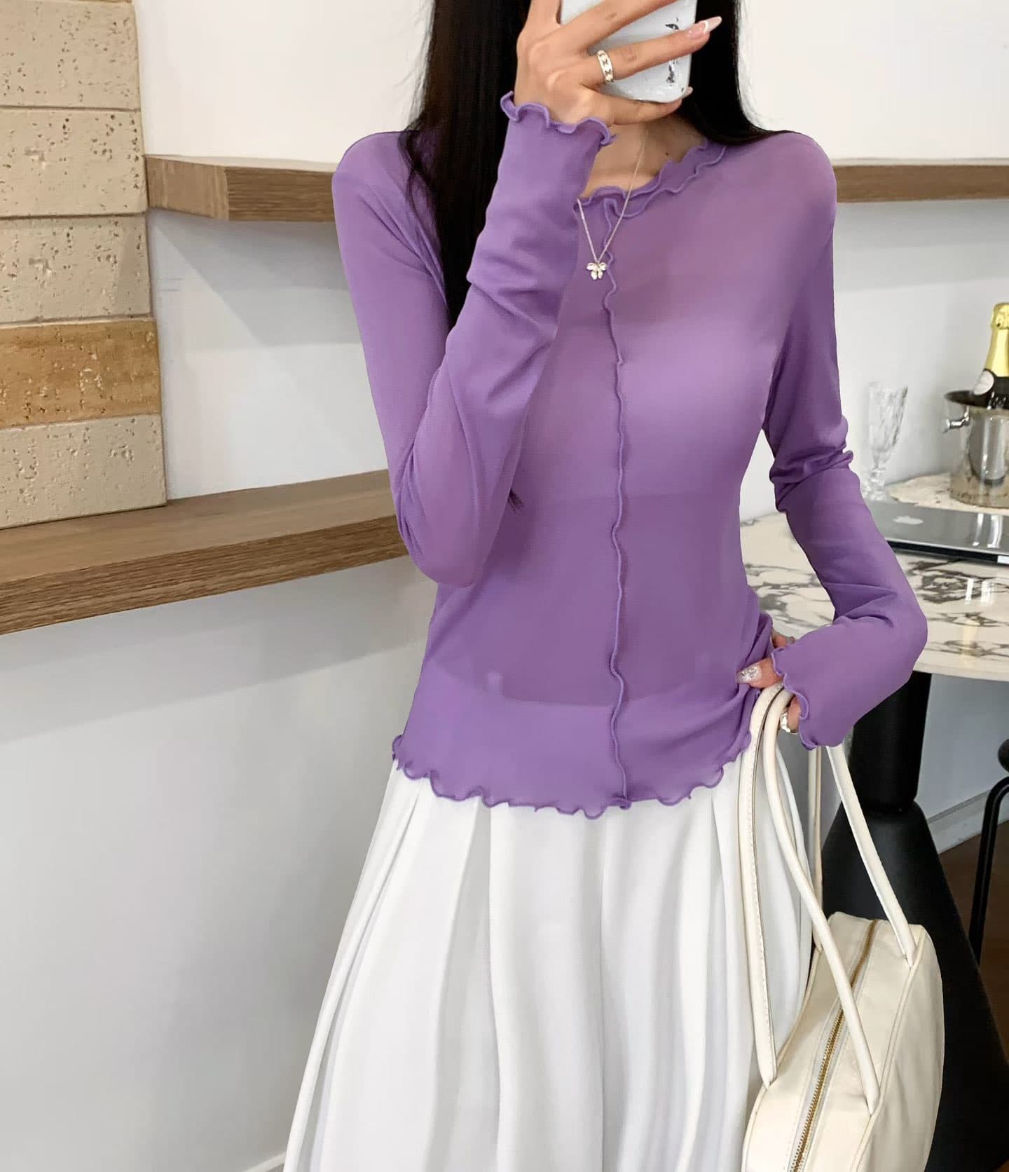 2026 가을 미니멀리즘 라운드 넥 프릴 여성 긴 소매 다용도 얇은 스타일 맨위 공기 센스 마이크로 ~을 통해 블라우스 이미지 3
