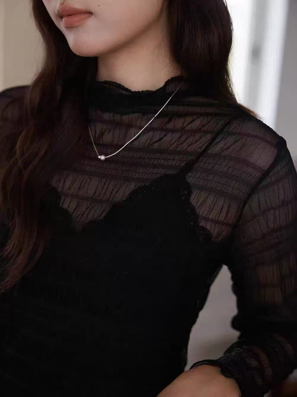 조기 가을 얇은 스타일 레이스 기본 셔츠 여성 2026 새로운 긴팔 반하이넥 인사이드 잡아라. 의류 상세 이미지 1