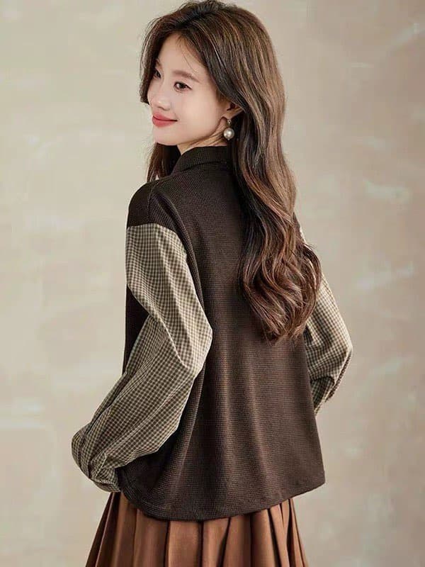 2026 가을 새로운 슈퍼 잘 생긴 페이크 레이어드 여성 셔츠 고급 센스 빛 럭셔리 연령 감소 외국 가스 니트 패치워크 맨위 상세 이미지 5